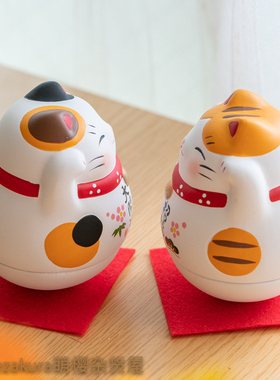 日本进口 药师窑开运招财招福猫手工陶瓷不倒翁摆件 开业结婚礼物