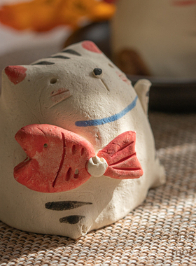 日本制 濑户烧手工陶泥招福鲷鱼花朵猫香插 香炉居家室内线香装饰