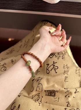 保真天然和田玉双圈手串女款新中式复古木质文玩佛珠手链情侣手链