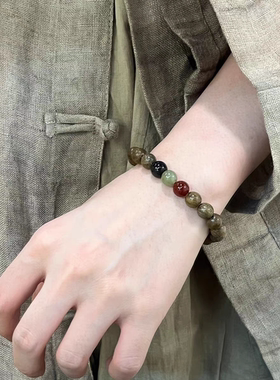 天然绿檀木手串女款黑曜石南红新中式复古木质文玩佛珠手链情侣