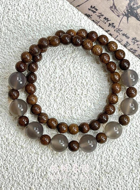 新中式金丝檀木串珠手链女古风颜值手饰复古双圈木质灰玛瑙手串