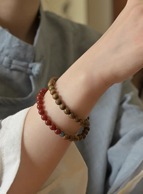 天然绿檀木双圈手串女款南红玛瑙手链转运珠闺蜜礼物国风首饰
