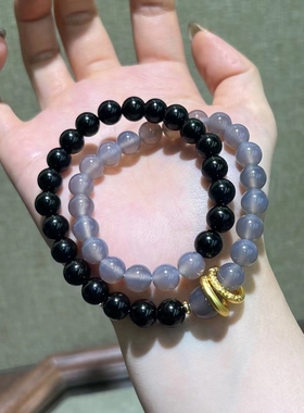 天然黑曜石搭配灰玛瑙手串双圈手链女款新中式文玩佛珠手链饰品
