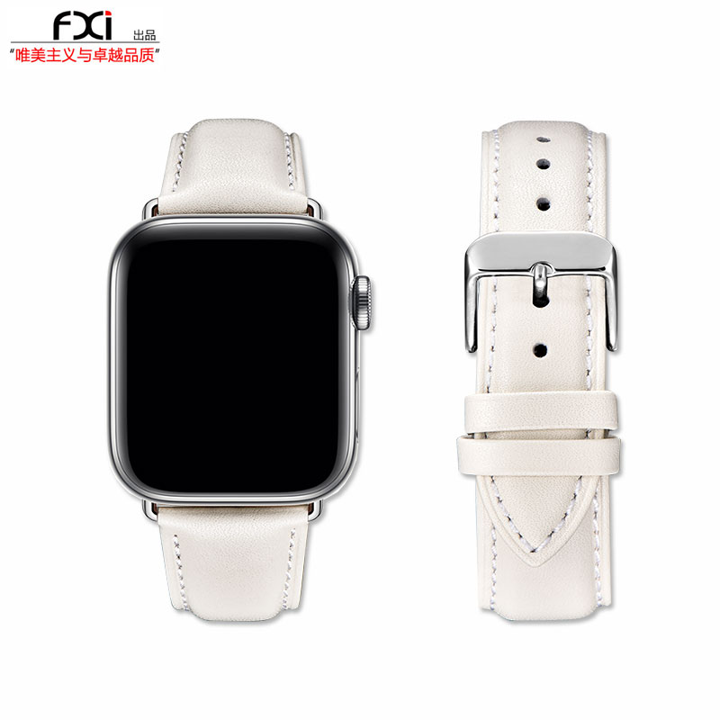 fxi 珍珠白色柔软平纹苹果表带applewatch表带iwatch9876543表带iwatch Ultra21表带真皮女男苹果手表带针扣