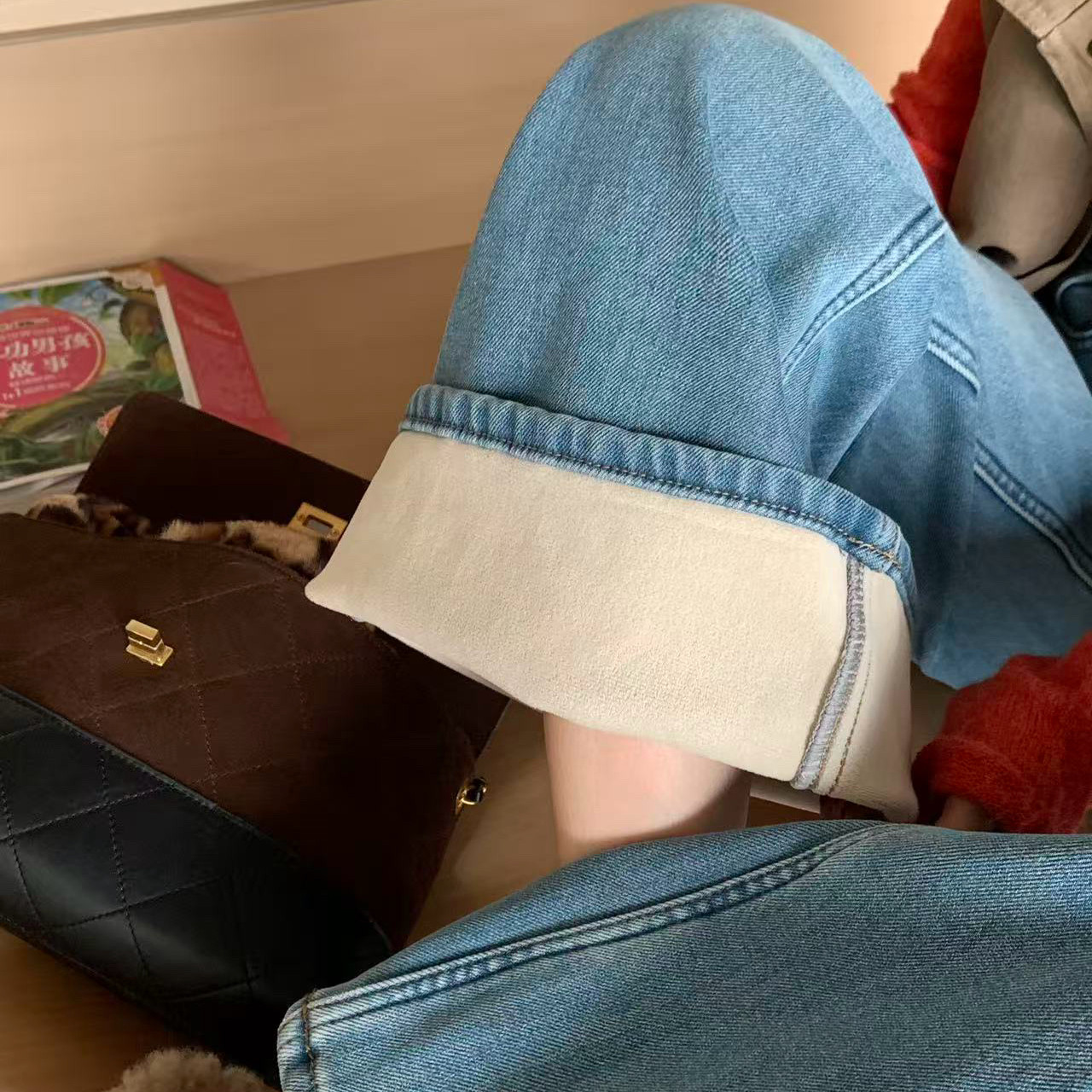 速 5900#2025冬 高腰弹力复合水貂绒加厚绒浅蓝阔腿窄版牛仔长裤,淘宝优惠券,粉丝福利购,淘宝优惠卷