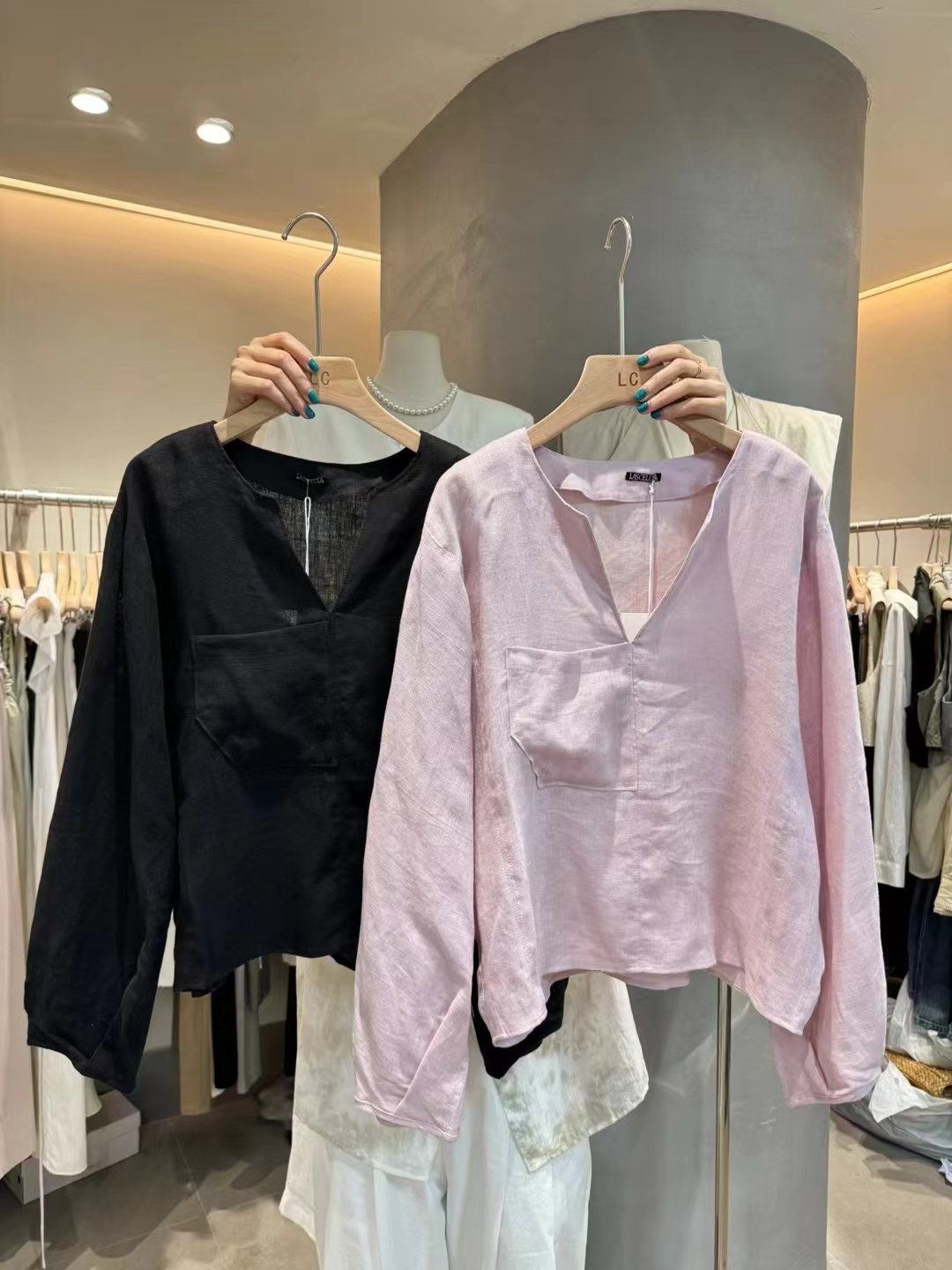 LAS CELULA正品实体店同款设计感粉色衬衫女韩系宽松亚麻防晒上衣-图0