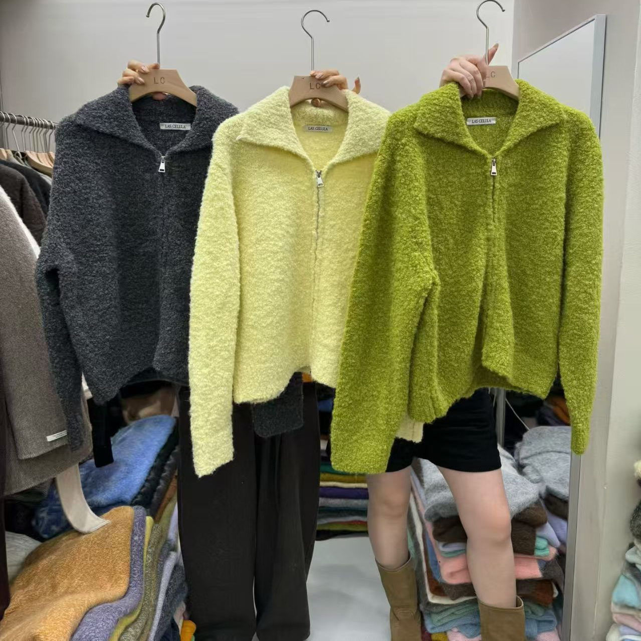 LAS CELULA正品实体店同款韩版宽松翻领拉链针织开衫女毛衣外套潮 - 图1