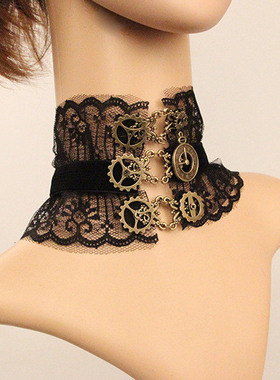 蒸汽朋克风基佬 齿轮多元素 蕾丝 锁骨链项链 宽链330