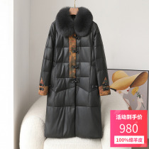 National Wind Genuine Leather Down Clothes Woman 2023 Winter New Fox Fur Collar Haining Sheep Leather Mother Coat Mid-Length