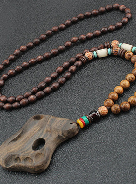 复古木头佛珠檀木吊坠棉麻大气