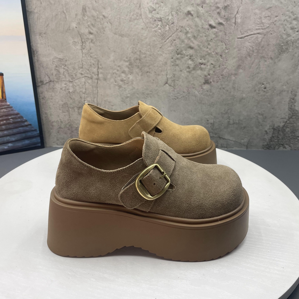 全真皮牛反绒厚底勃肯鞋2025秋季新款圆头套脚松糕博肯鞋单鞋女鞋 - 图1