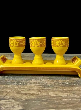 高脚杯三杯座佛道仙家金莲招财供奉酒杯茶杯水杯陶瓷三连杯座水杯