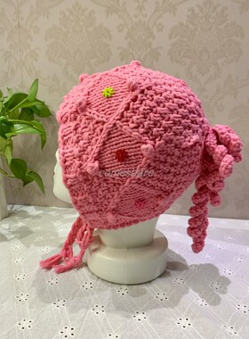 成品-可爱儿童护耳帽加厚保暖小卷辫女童帽子手工编织毛线宝宝帽