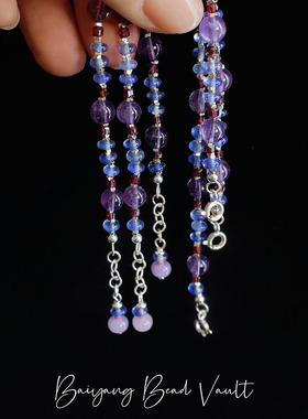 白洋珠柜 S925纯银天然水晶紫水晶紫牙乌石榴手链原创小众设计