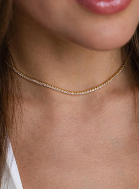 欧美跨境时尚s925纯银单排钻项链个性圆形2mm锆石网球锁骨链颈链