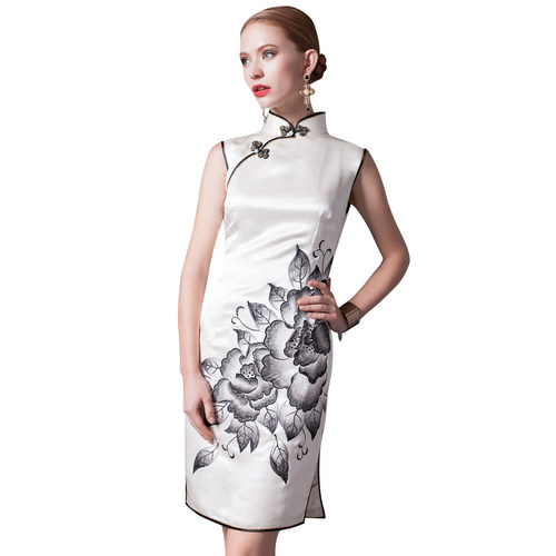 品尚华服真丝名媛白优雅绣花修身女短款礼服旗袍裙刺绣旗袍连衣裙 - 图3
