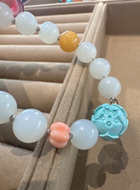 原创手工设计原矿高瓷绿松石和田玉手链配件是天然珊瑚老蜜蜡18K