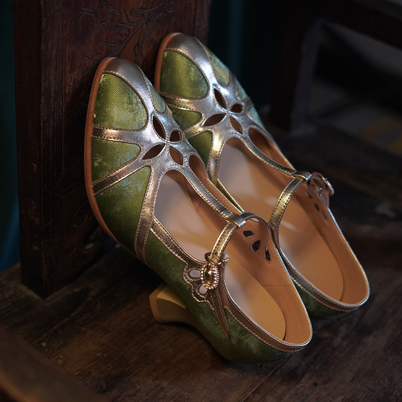 奈里法式复古民国绿拼旗袍高跟鞋镂空酒杯跟一字带玛丽珍丁字单鞋,淘宝优惠券,粉丝福利购,淘宝优惠卷