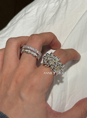 Annie Jewelry花团锦簇 小众清冷设计烟花串珠白水晶珍珠银珠戒指