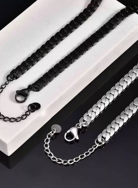 黑色钛钢项链男士潮流街拍古巴链素链嘻哈学生党小众高级感配饰银