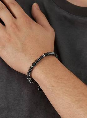 朋克潮酷火山石黑胆石转运珠黑色手链男高级感个性饰品钛钢手饰