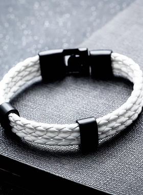 简约黑色皮绳钛钢男士手链嘻哈潮
