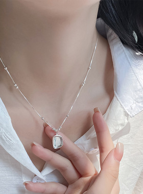 s925纯银光面方形项链女韩版ins法式复古小香风锁骨链小众高级感