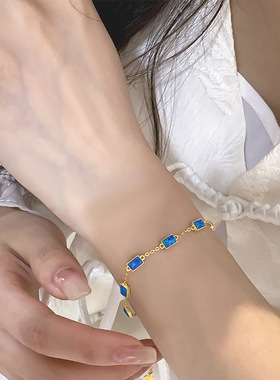 欧美风小方糖手链女925纯银夏季ins风跨境爆款手环欧泊石级感手饰