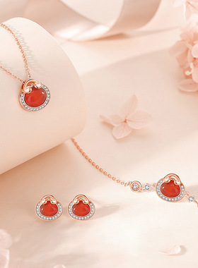 原创如意锁项链女925纯银复古中国风福字吊坠玫瑰金红玛瑙锁骨链