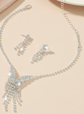 欧美跨境时尚婚纱礼服配饰闪亮满钻项链耳环套装新娘项饰耳饰