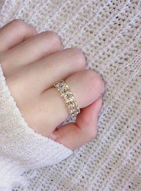 韩版弹力水钻戒指2排全铜时尚女