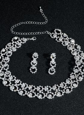 施家高级感奢华超闪满钻项链耳环套装新娘首饰两件套婚纱礼服配饰