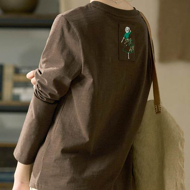 Gujia 100% ໄມ້ໄຜ່ຝ້າຍ patch embroidered ແຂນຍາວ T-shirt ການອອກແບບຕົ້ນສະບັບຝ້າຍ embroidered slimming top ສໍາລັບແມ່ຍິງ