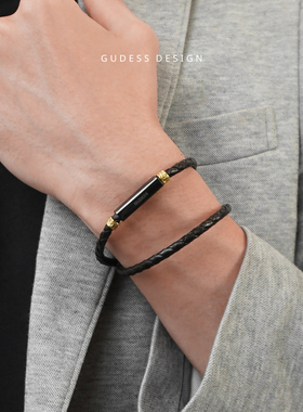 GUDESS原创手作小黑金复古双圈真皮编织手链送男友礼品串珠手绳