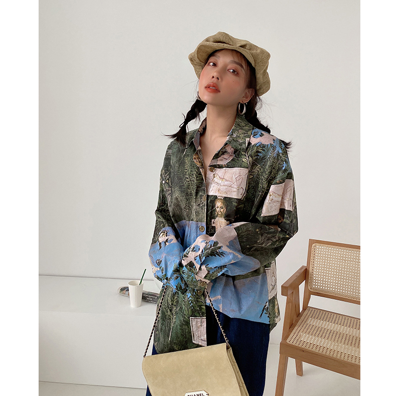 谭烟米 自制艺术生坎普风格 春秋长袖中性港风宽松印花衬衫上衣 - 图1
