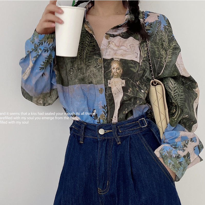 谭烟米 自制艺术生坎普风格 春秋长袖中性港风宽松印花衬衫上衣 - 图0