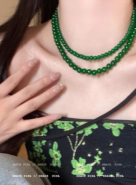 祖母绿色串珠锁骨链女千金感