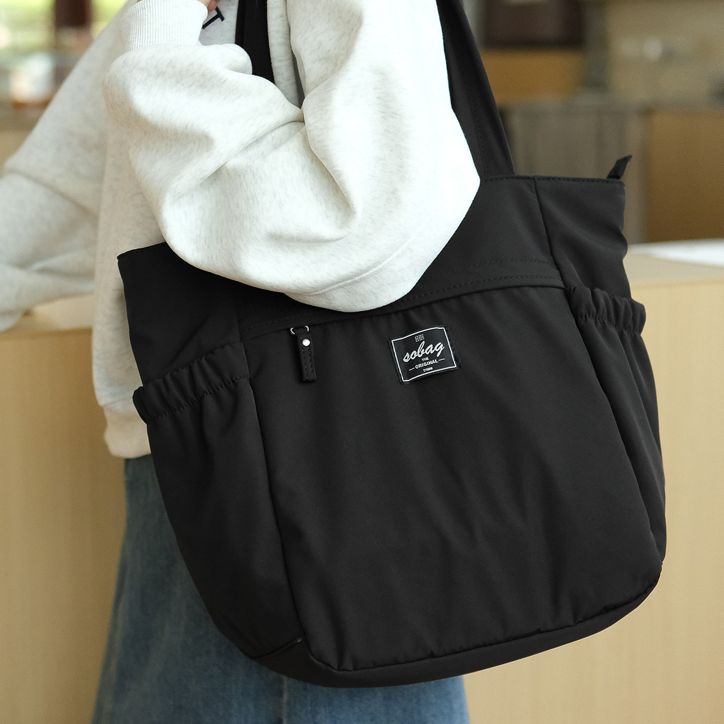 sobag秋冬日系夹棉大容量单肩尼龙布包女多口袋带拉链通勤托特包,淘宝优惠券,粉丝福利购,淘宝优惠卷