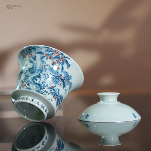爱曼器 /山川绘瓷手绘青花清供图盖碗文人画清雅景德镇 - 图0