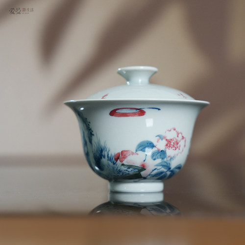 爱曼器 /山川绘瓷手绘青花清供图盖碗文人画清雅景德镇 - 图2