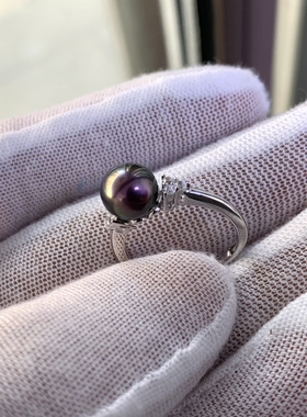 天然色极光淡水珍珠戒指8-9mm纯银戒指无瑕