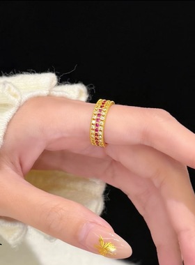 金店同款古法沙金三排繁星点钻路路通蔷薇戒指时尚轻奢感指环