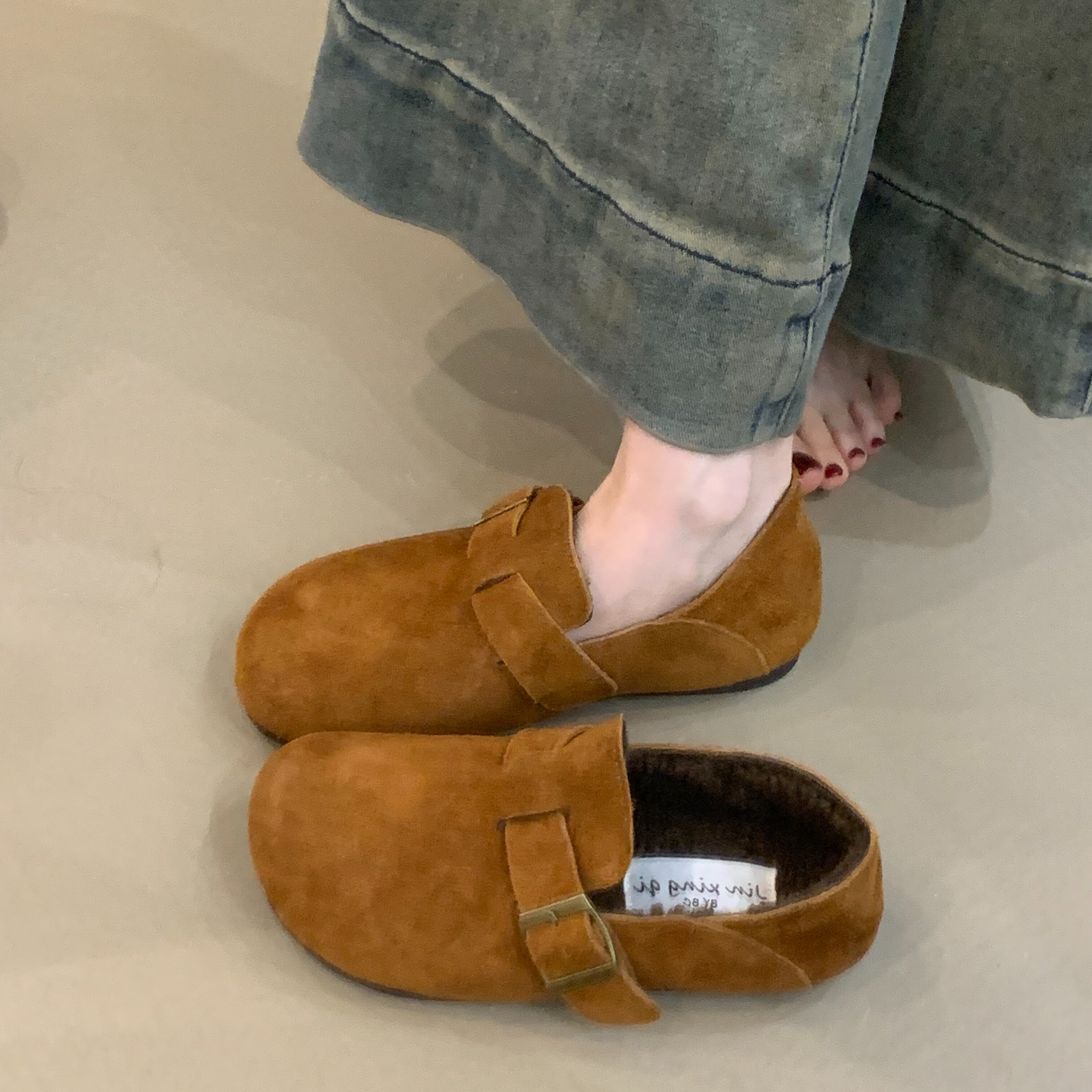 牛皮版！2025年冬季款森女文艺风复古磨砂真皮一脚蹬加绒勃肯棉鞋,淘宝优惠券,粉丝福利购,淘宝优惠卷