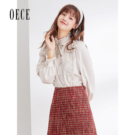 Oece2021 autumn and winter gentle French lace-up chiffon shirt