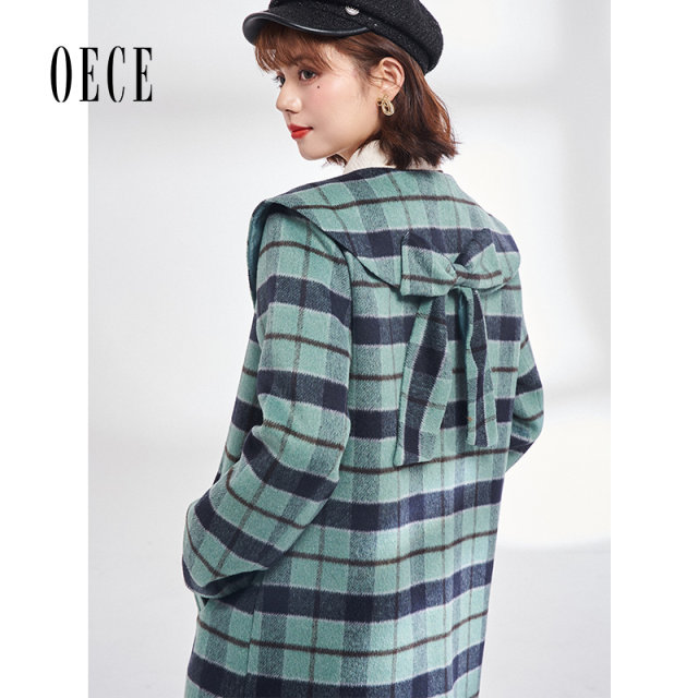 Oece复古格子呢大衣冬装新款女中长款气质毛呢外套大衣
