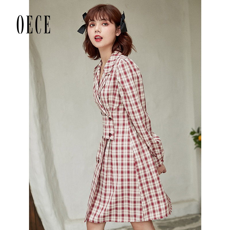 Oece复古格纹连衣裙秋冬季新款女装法式气质收腰长袖裙子春,淘宝优惠券,粉丝福利购,淘宝优惠卷