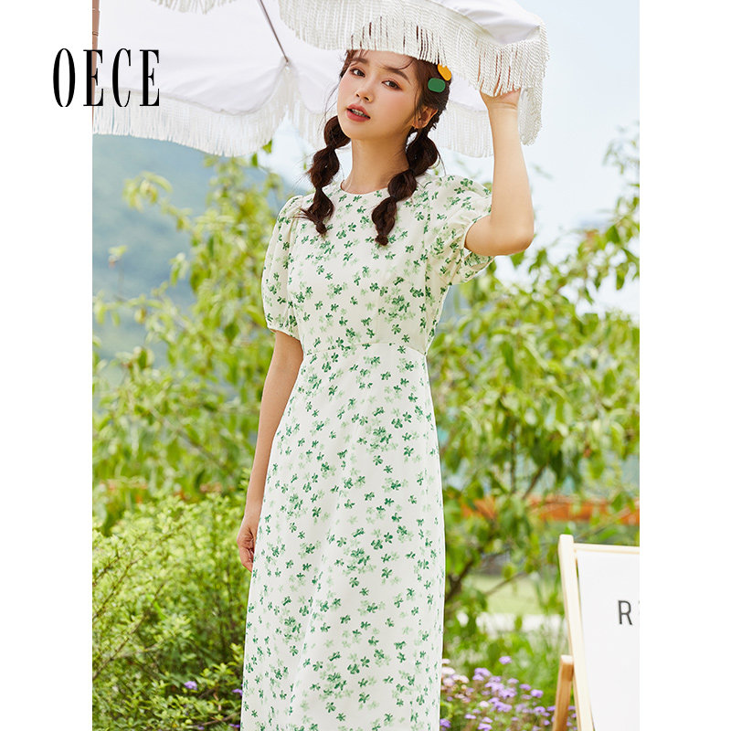 Oece森系绿色碎花裙子夏季新款女装气质淑女收腰甜美连衣裙
