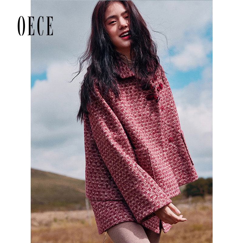 Oece冬装新款女装 复古设计感修身高腰A字毛呢短裙秋冬半身裙 - 图3