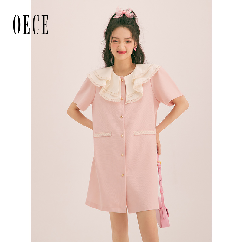 Oece复古设计感连衣裙2023春夏季新款女装甜美大翻领气质甜美裙子_虎窝淘
