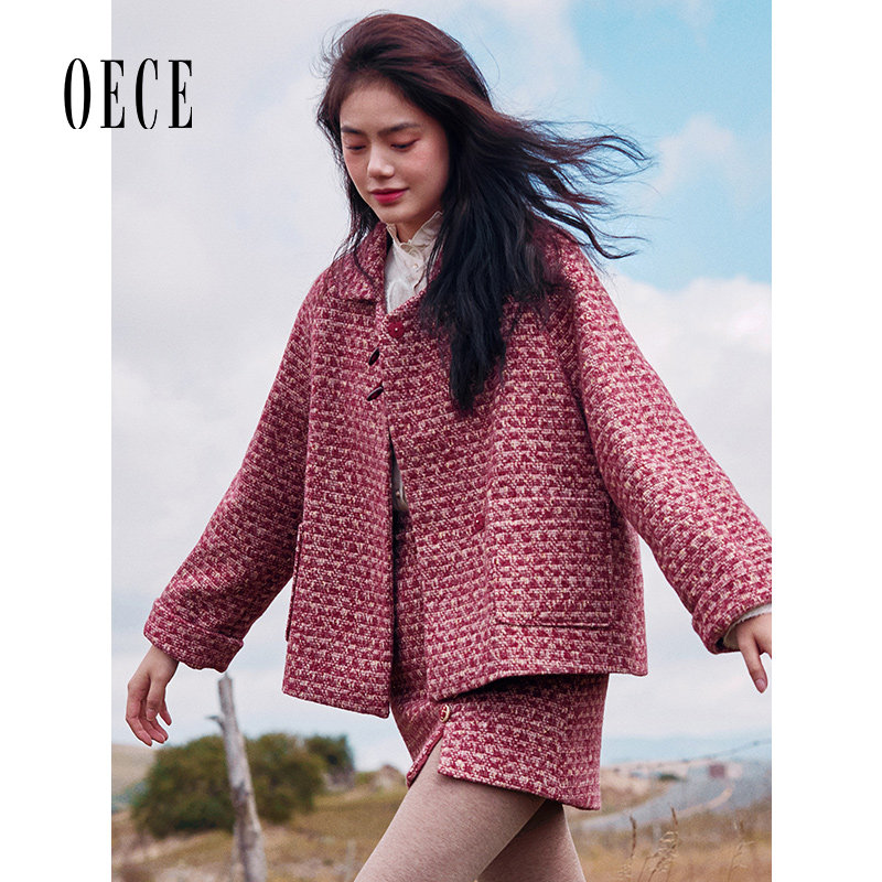 Oece冬装新款女装 复古设计感修身高腰A字毛呢短裙秋冬半身裙 - 图1